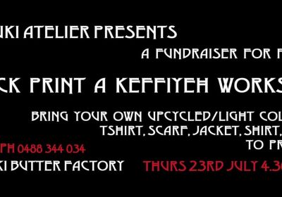 Artwork and image for event "Block print a keffiyah workshop" 4:30pm-7:30pm 23/07/2026 Uki Butter Factory, 1454 Kyogle Rd, Uki NSW 2484