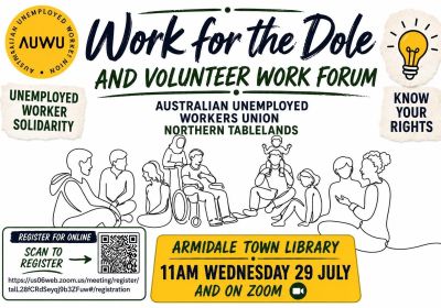 Artwork and image for event "work for the Dole and volunteer work forum" 11am 2907/2026 Armidale Town Library, 182 Rusden St, Armidale NSW 2350