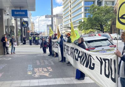 Extinction Rebellion SA protest outside Santos offices in Tarntanya