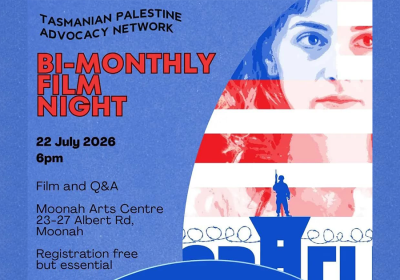 A banner with event information and a stylised image of a woman looking over a cartoon man standing guard on a prison tower with weapon in hand.