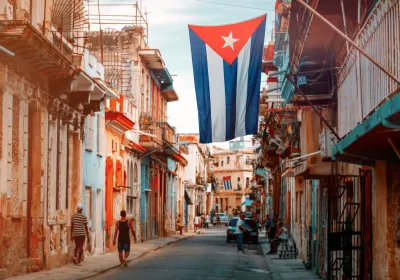 Cuban flag hangs above Havana streets
