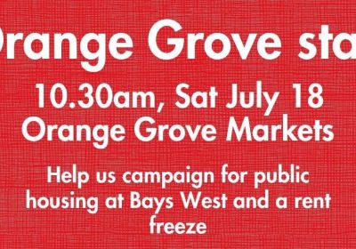 Artwork and image for event "Socialist Alliance Orange Grove campaign stall" 10:30am 18/07/2026 Orange Grove Markets, 31 Perry Street, Lilyfield NSW 2040