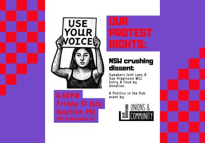 Artwork and image for event "Our Protest Rights – Politics in the Pub" 6:30pm-8:30pm 31/07/2026 Junction 142, 142 Katoomba St, Katoomba NSW 2780