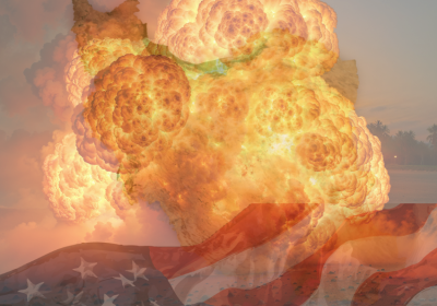 explosion, USA flag, map of Iran