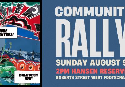 Artwork and image for event "Community rally for a data centre moratorium" 2pm 09/08/2026 Hansen Reserve, 35A Roberts St, West Footscray VIC 3012