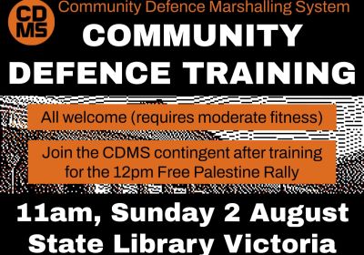 Artwork and image for eevent "Community Defence Training" 11am 02/08/2026 State Library Victoria, 328 Swanston St, Naarm VIC 3000