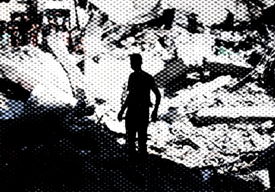 silhouette against background of rubble