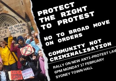 Artwork and image for event "Protect Democracy Protest: No to new protest laws!" 6pm-7pm 17/02/2025 Sydney Town Hall, 483 George St, Sydney NSW 2000