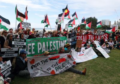 Hundreds rallied at the border to highlight absurdity of Queensland's laws banning Palestinian freedom slogans