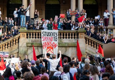 students at sydney town hall protest hanson