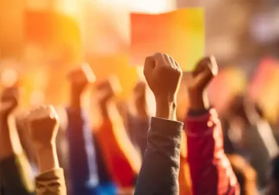 A photo of fists raised in the air