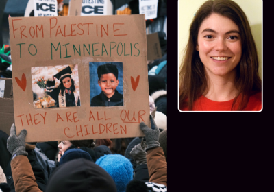 Placard with photos of two kids. Ella Teevan head shot