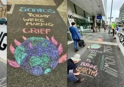 Extinction Rebellion SA protest outside Santos offices in Tarntanya