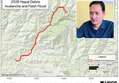 map, inset photo of interviewee