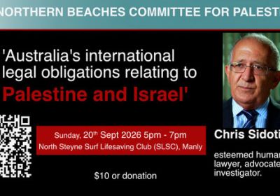 Artwork and image for event "Australia's Legal Obligations Relating to Palestine and Israel" 5pm-7pm 20/09/2026 North Steyne Surf Life Saving Club, 95a N Steyne, Manly NSW 2095