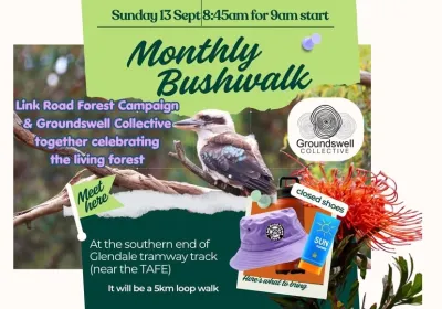 Artwork and image for event "Bush Walk – The Groundswell Collective & Save Link Road Forest" 8:45am-11am 13/09/26 Tramway Track, Frederick St Glendale NSW 2285