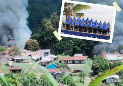 West Papuan village burns, inset 'family photo' from PIF