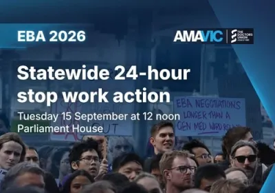 Artwork and image for event "Victorian public hospital doctors statewide 24-hour stop work action" 12pm-3pm 15/09/2026 Parliament of Victoria, Spring St, East Melbourne VIC 3002