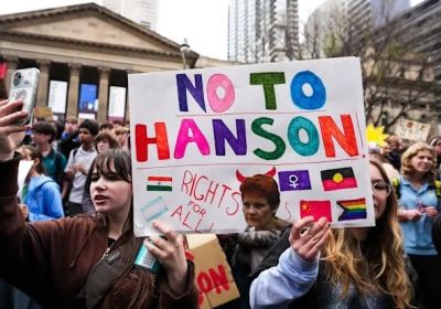 A photo of protesters at a anti Pauline Hanson rally