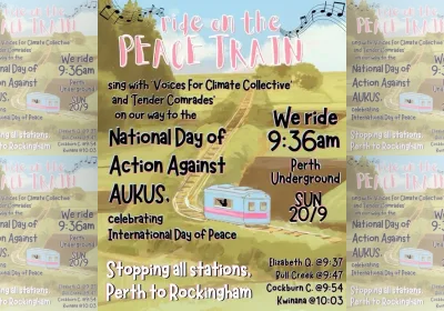 Artwork and image for event "Ride on the Peace Train" 9:36am Perth Underground, Murray St, Boorloo WA 6000