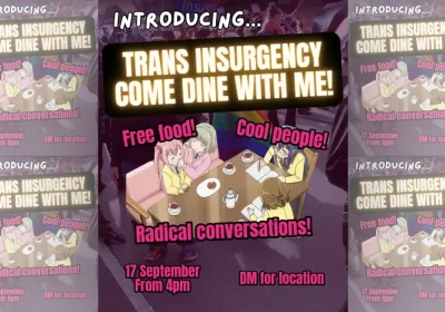 Artwork and image for event "Introducing... Trans Insurgency Come Dine With Me!" 4pm 17/09/2026 Naarm / Melboure, dm @trans.action.network for location