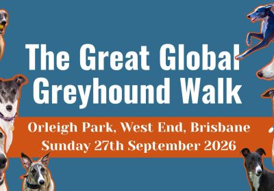 Artwork and image for event "The Great Global Greyhound Walk" 9:30am 27/09/2026 Orleigh Park, 68 Hill End Terrace, West End QLD 4101
