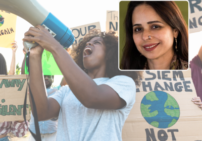 Protest in background and inset picture of Ayesha Ahmad