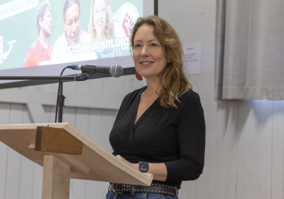 Abigail Boyd adressing the “Breaking AUKUS: Australian Imperialism in the Asia Pacific” panel at the Ecosocialism 2026 conference, Magan-djin/Brisbane.