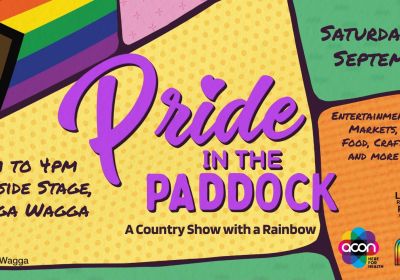 Artwork and image for event "Pride in the Paddock" 11am-4pm 19/09/2026 Riverside Stage, Wagga Beach, Johnston Street, Wagga Wagga NSW 2650