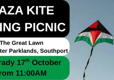 Artwork and image for event "Gaza Kite Flying Picnic" 11am 17/10/2026 The Great Lawn, Marine Parade, Southport QLD 4215