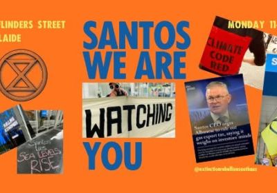 Artwork and image for weekly protest action "Santos We Are Watching You Mondays"
