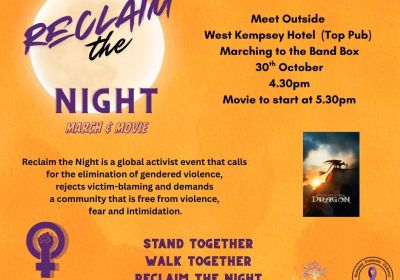 Artwork and image for event "Kempsey 2026 Reclaim the Night March and Movie" 4:30pm 30/10/2026 West Kempsey Hotel, 43 Elbow St, West Kempsey NSW 2440