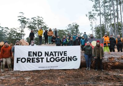 Bob Brown Foundation protest against native forest logging, group photo of activits holding a banner that says End Native Forest Logging