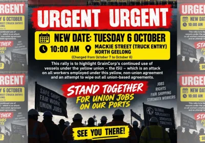 Artwork and image for event "Stand Together for Union Jobs and Our Ports" 10am 06/10/2026 Graincorp Geelong (Bulk Grain Pier), 49 Mackey St, North Geelong VIC 3215