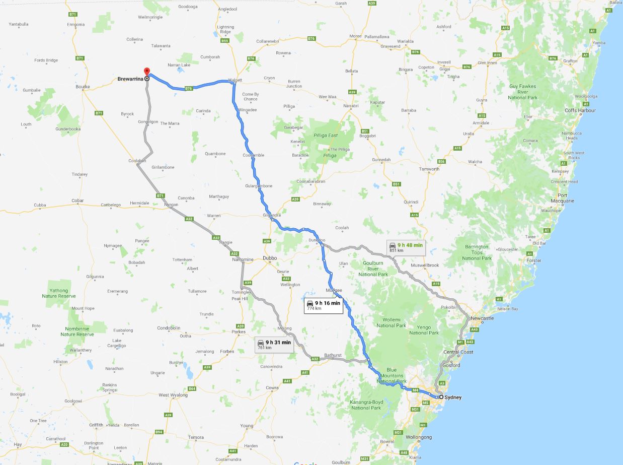 Sydney to Brewarrina map