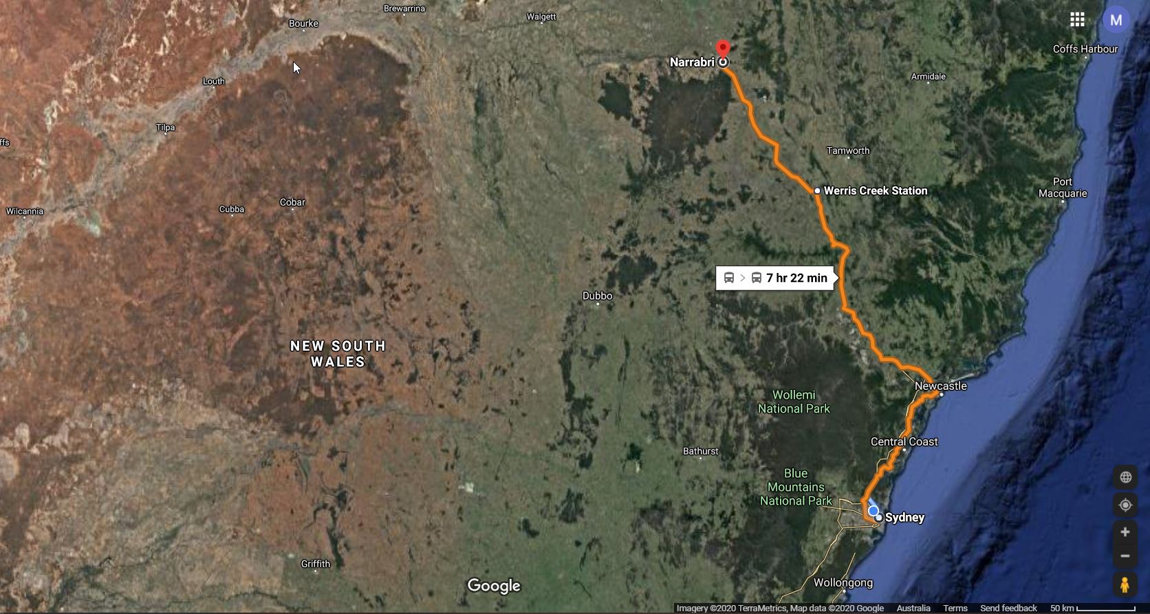 Sydney to Narrabri map