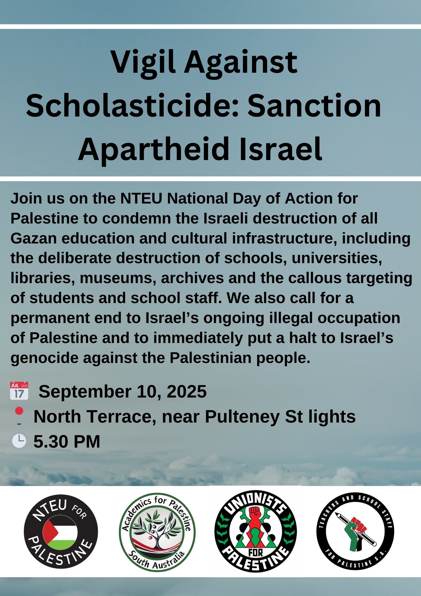 Graphic: Vigil Against Scholasticide - Sanction Apartheid Israel 10/09/2025 Tarntanya/Adelaide