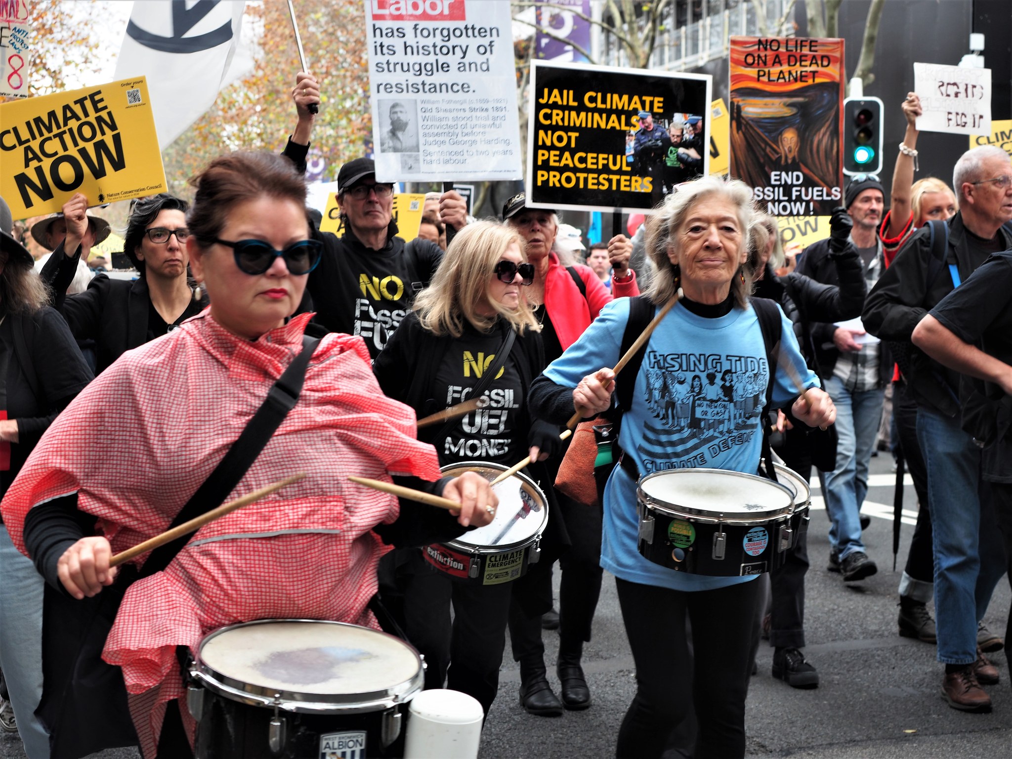 Extinction Rebellion drummers joined the lively rally. Photo: Peter Boyle